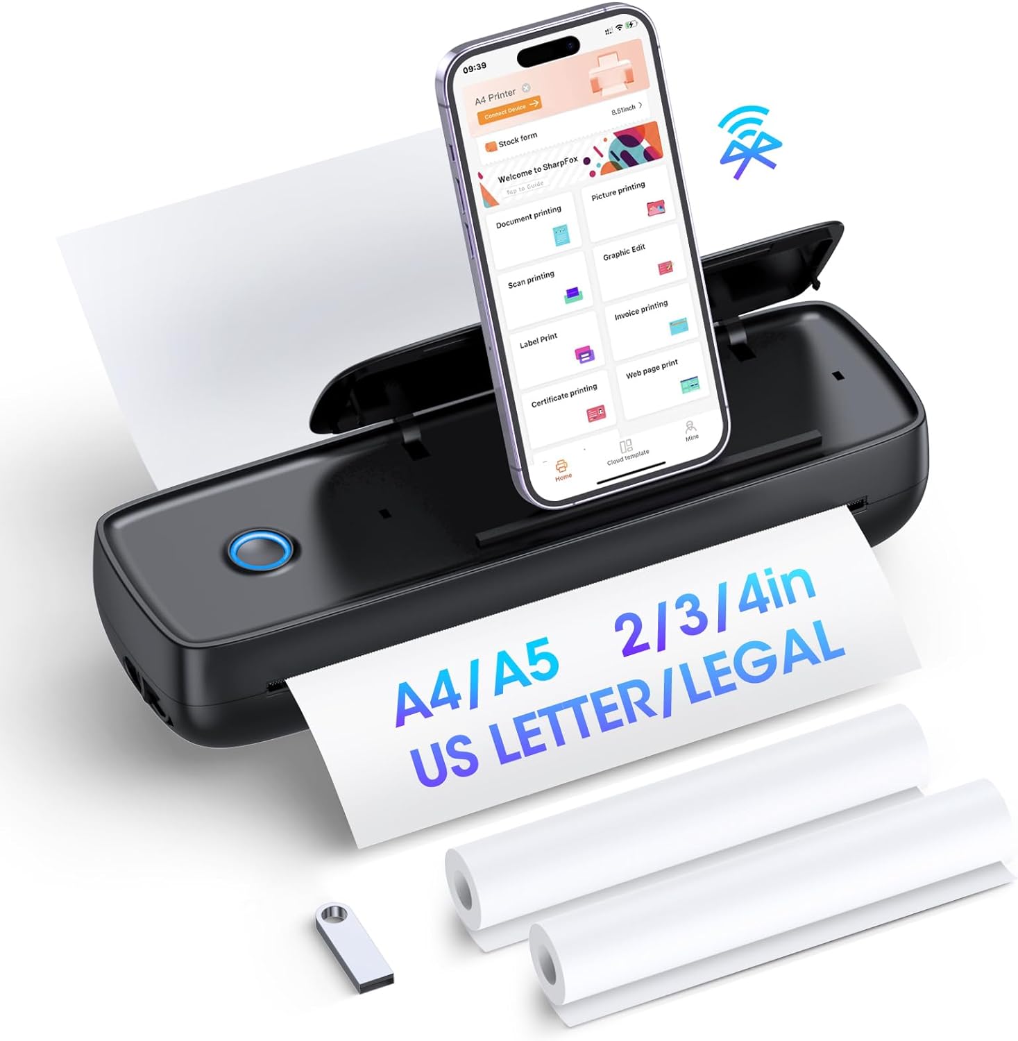 Inkless Portable WiFi Printer With Phone Holder