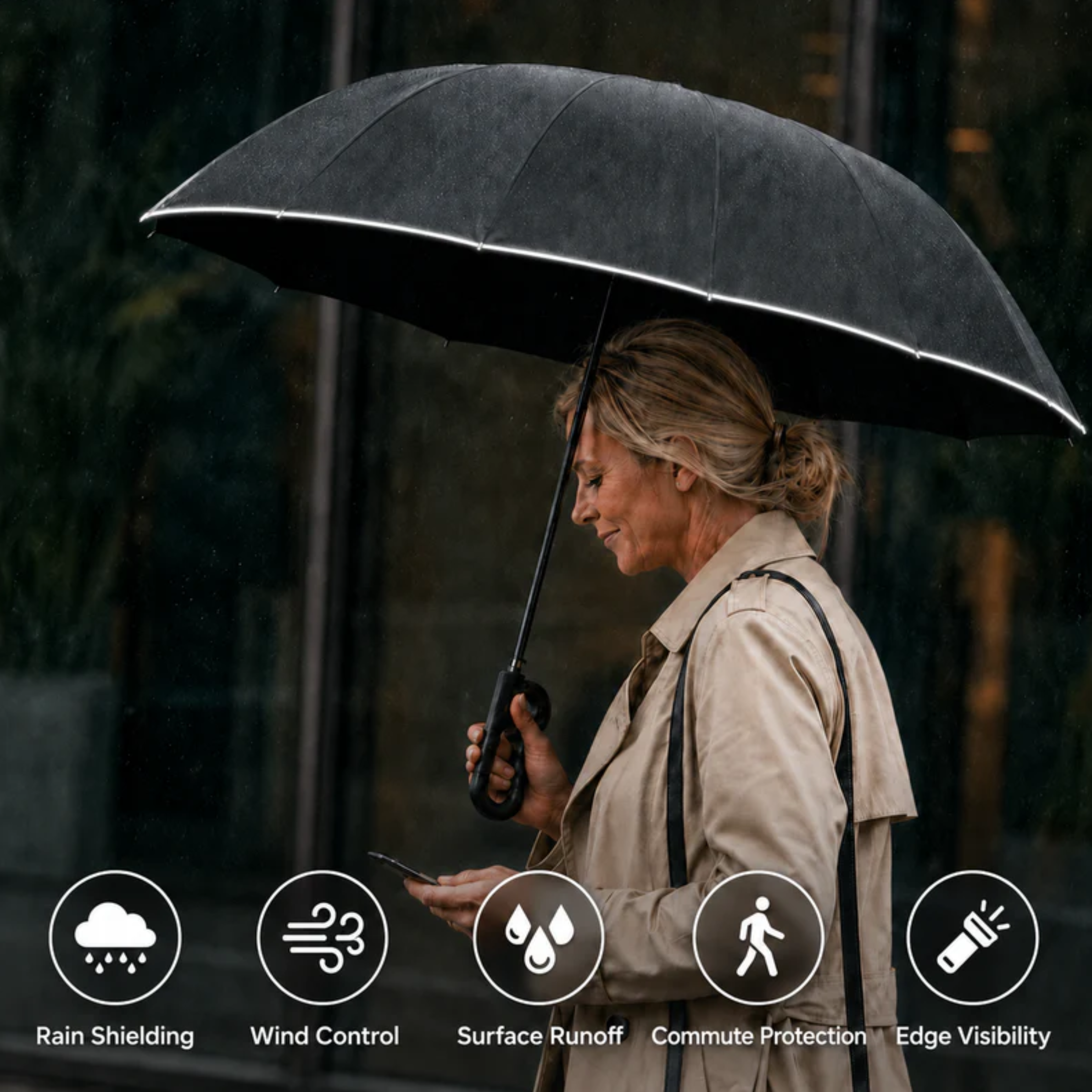 Reflective-Edge Storm Umbrella open and ready for rain