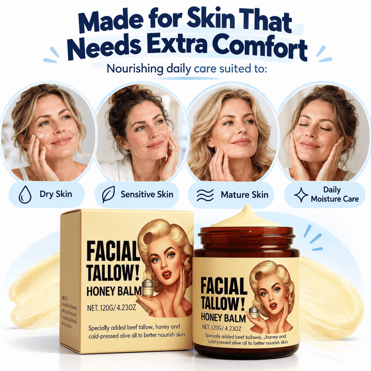Beef Tallow Face Cream - Deeply Hydrates Dry, Crepey Skin For Softer, Plumber Looking Skin