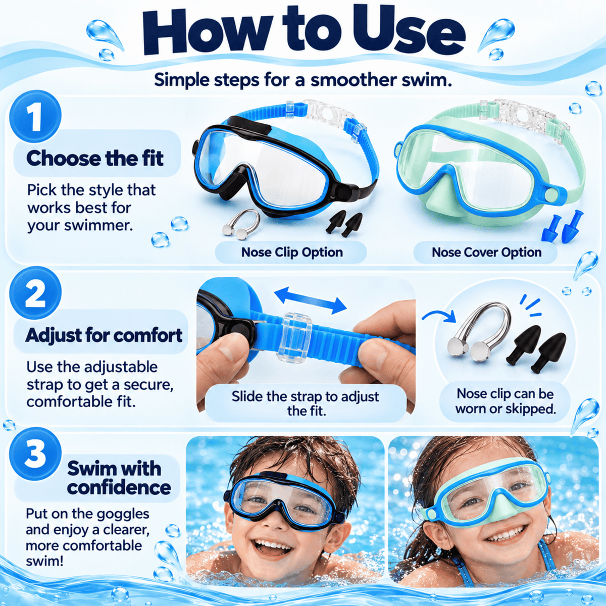Kids Anti-Fog Swim Goggles: Clear Vision, Leak-Resistant Seal, Easy Clip-On Strap