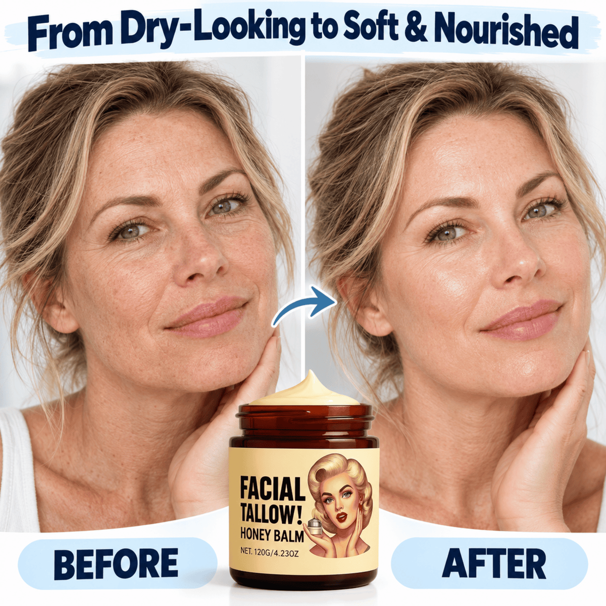 Beef Tallow Face Cream - Deeply Hydrates Dry, Crepey Skin For Softer, Plumber Looking Skin