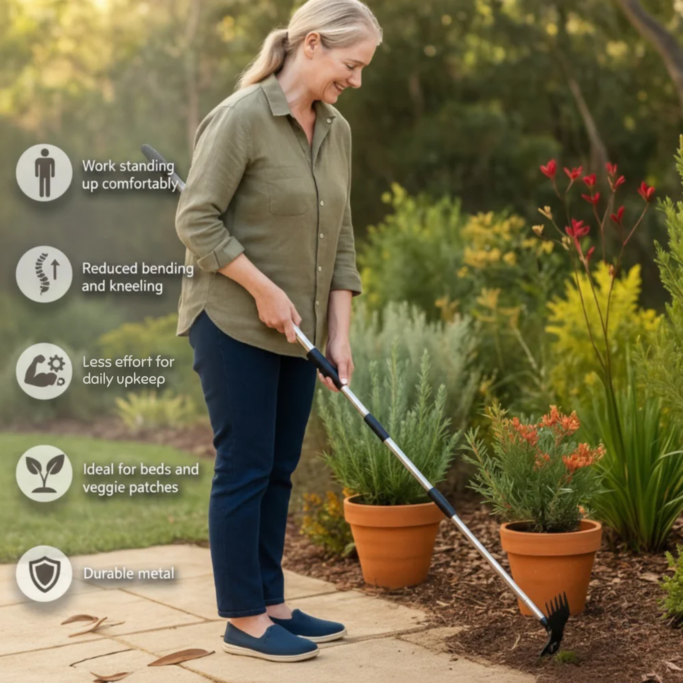 2-in-1 Upright Garden Hoe & Rake - Clear weeds and loosen soil without hurting your back