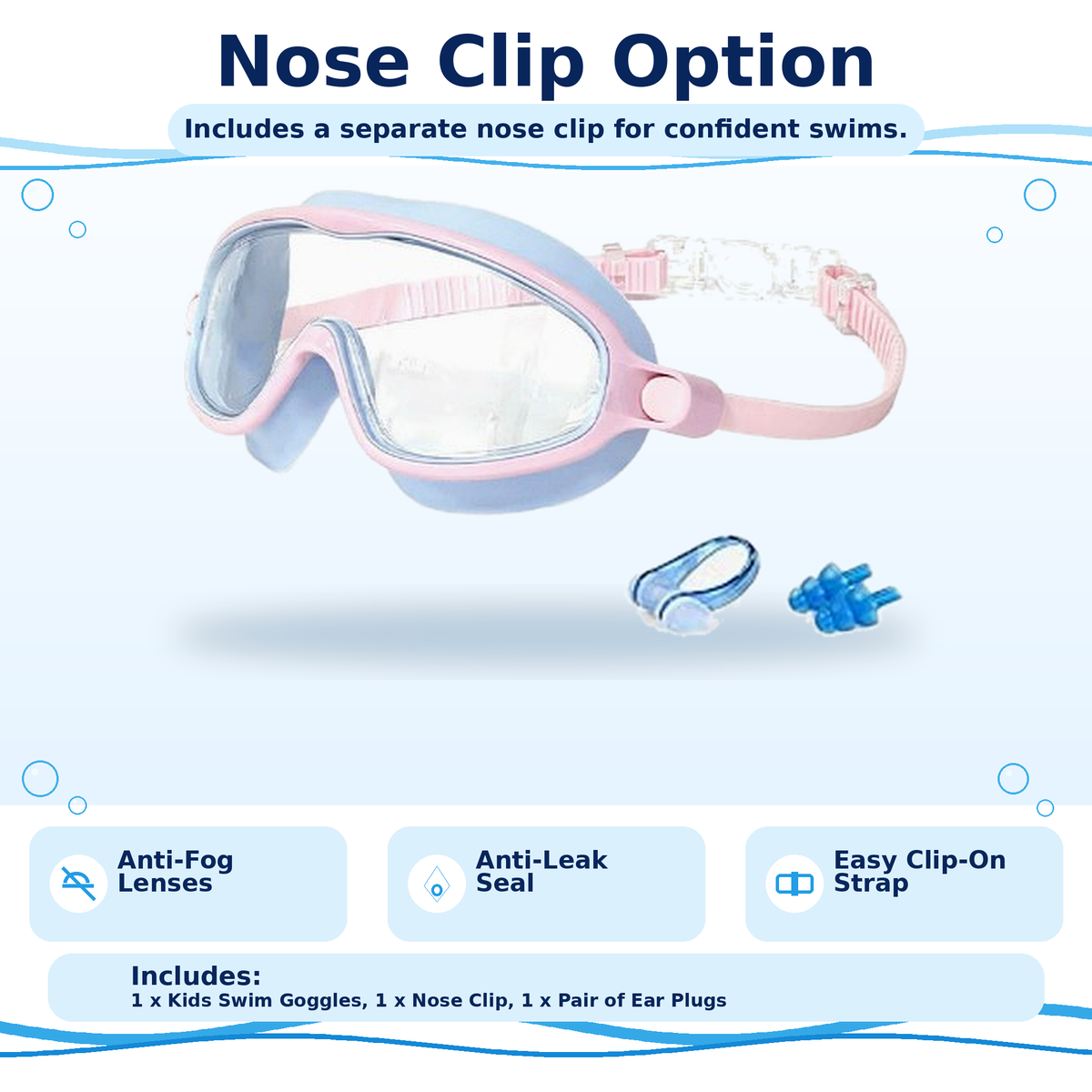 Kids Anti-Fog Swim Goggles: Clear Vision, Leak-Resistant Seal, Easy Clip-On Strap