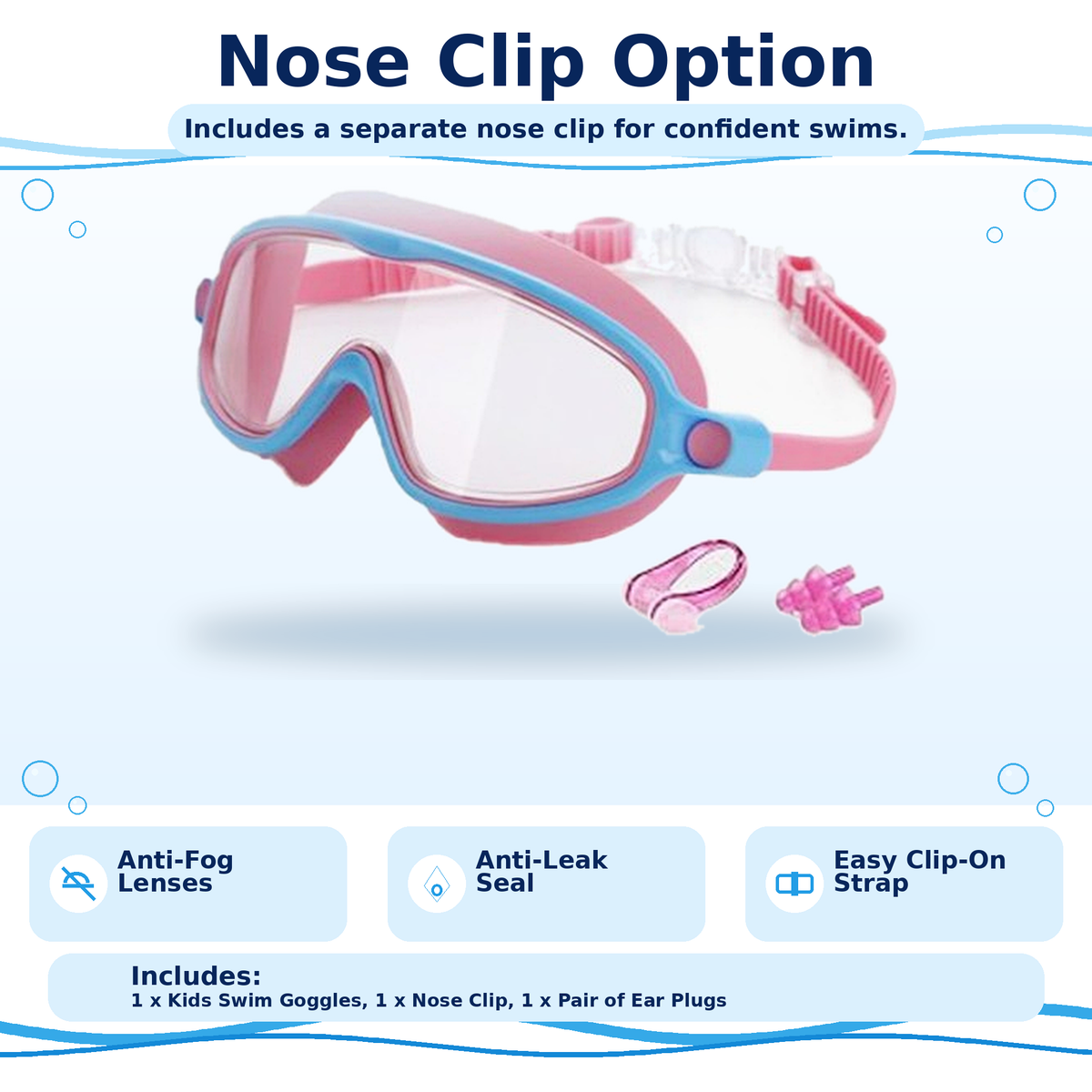 Kids Anti-Fog Swim Goggles: Clear Vision, Leak-Resistant Seal, Easy Clip-On Strap