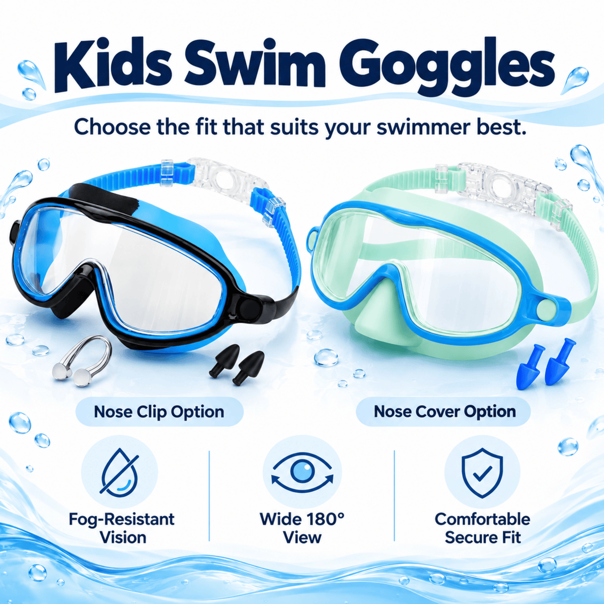 Kids Anti-Fog Swim Goggles: Clear Vision, Leak-Resistant Seal, Easy Clip-On Strap