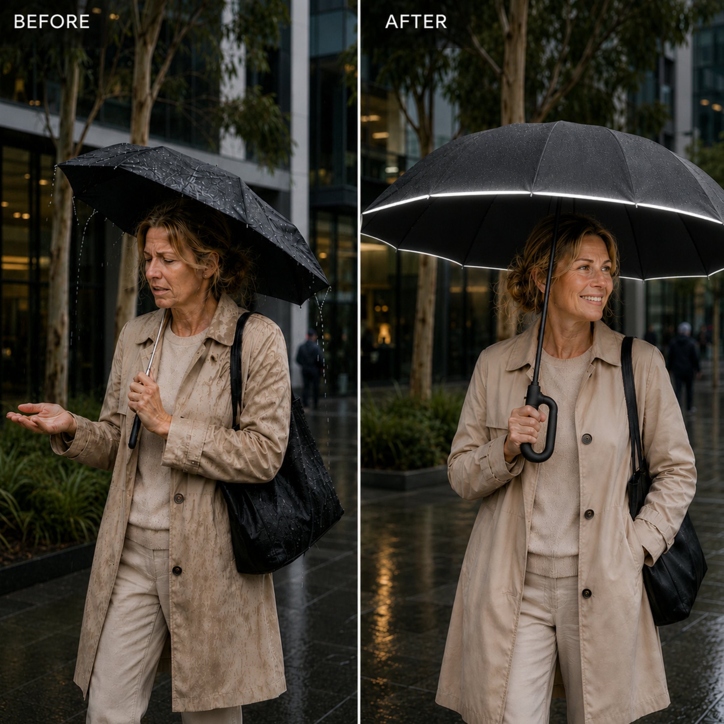 Reflective-Edge Storm Umbrella wide canopy for head-to-shoulder coverage