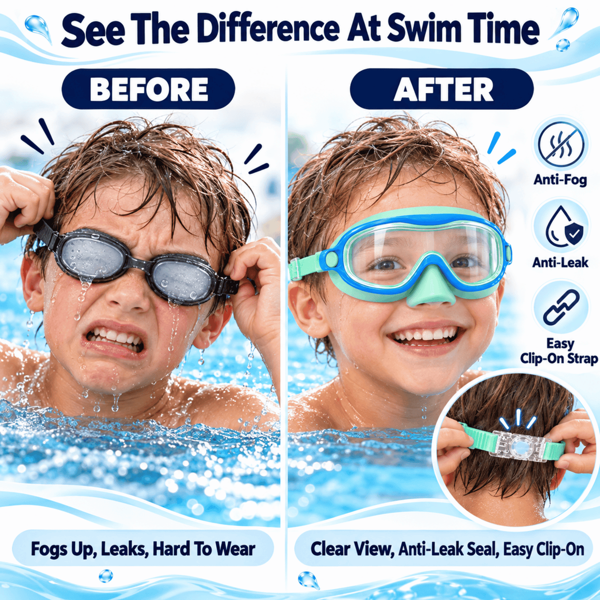 Kids Anti-Fog Swim Goggles: Clear Vision, Leak-Resistant Seal, Easy Clip-On Strap