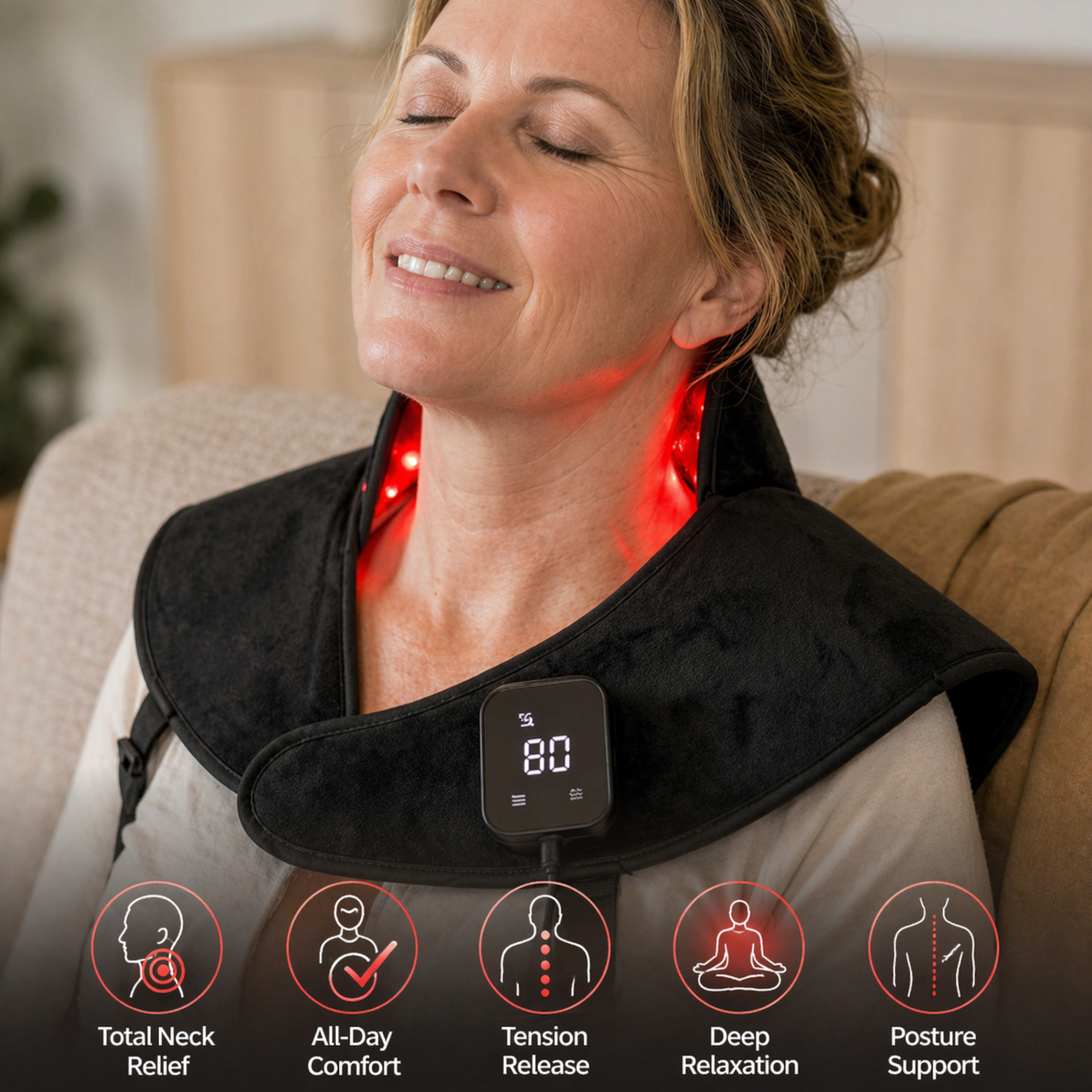 Red light neck and shoulder wrap worn at home