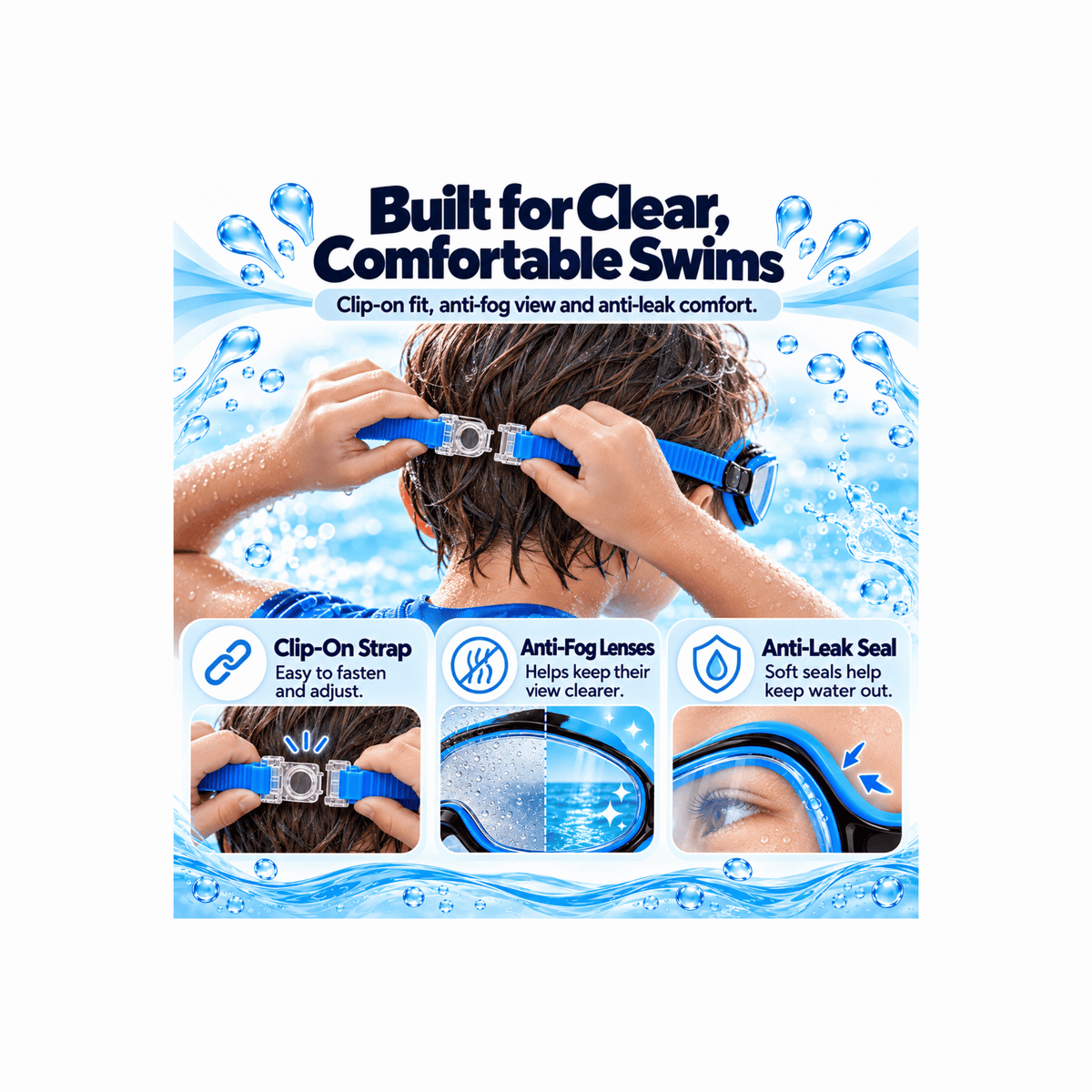 Kids Anti-Fog Swim Goggles: Clear Vision, Leak-Resistant Seal, Easy Clip-On Strap