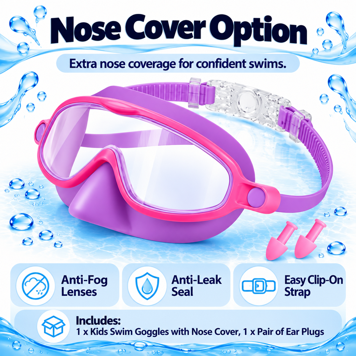 Kids Anti-Fog Swim Goggles: Clear Vision, Leak-Resistant Seal, Easy Clip-On Strap