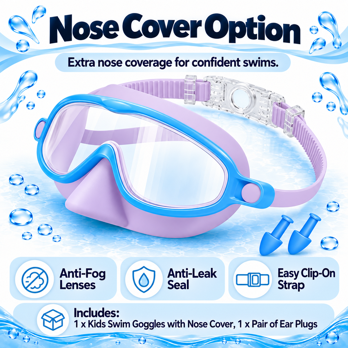Kids Anti-Fog Swim Goggles: Clear Vision, Leak-Resistant Seal, Easy Clip-On Strap