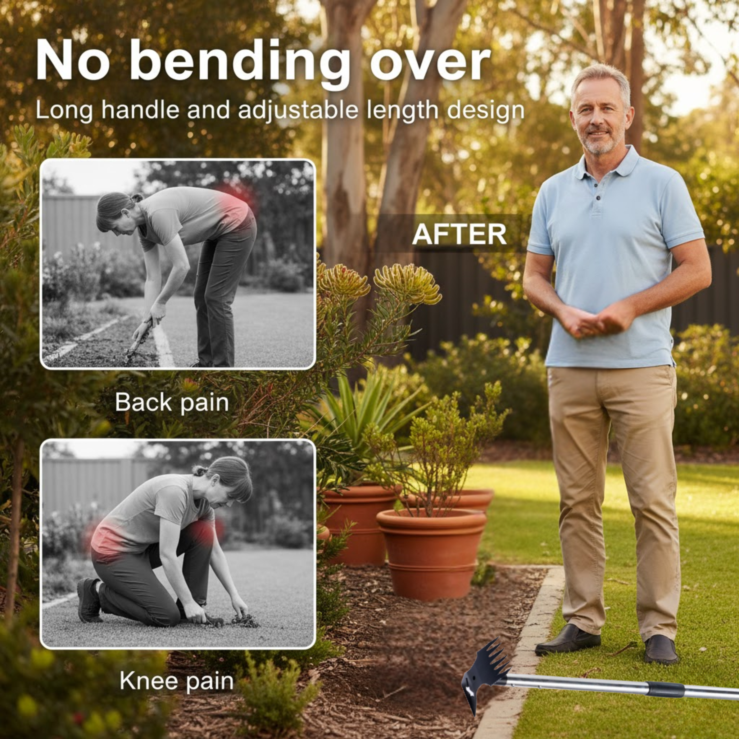 2-in-1 Upright Garden Hoe & Rake - Clear weeds and loosen soil without hurting your back