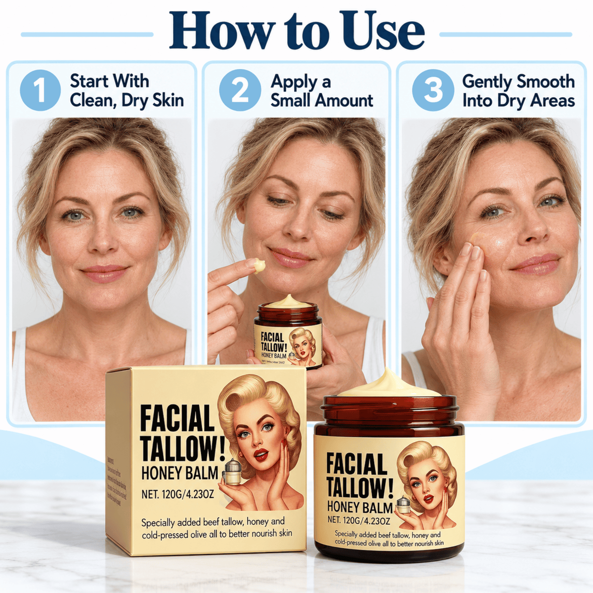 Beef Tallow Face Cream - Deeply Hydrates Dry, Crepey Skin For Softer, Plumber Looking Skin