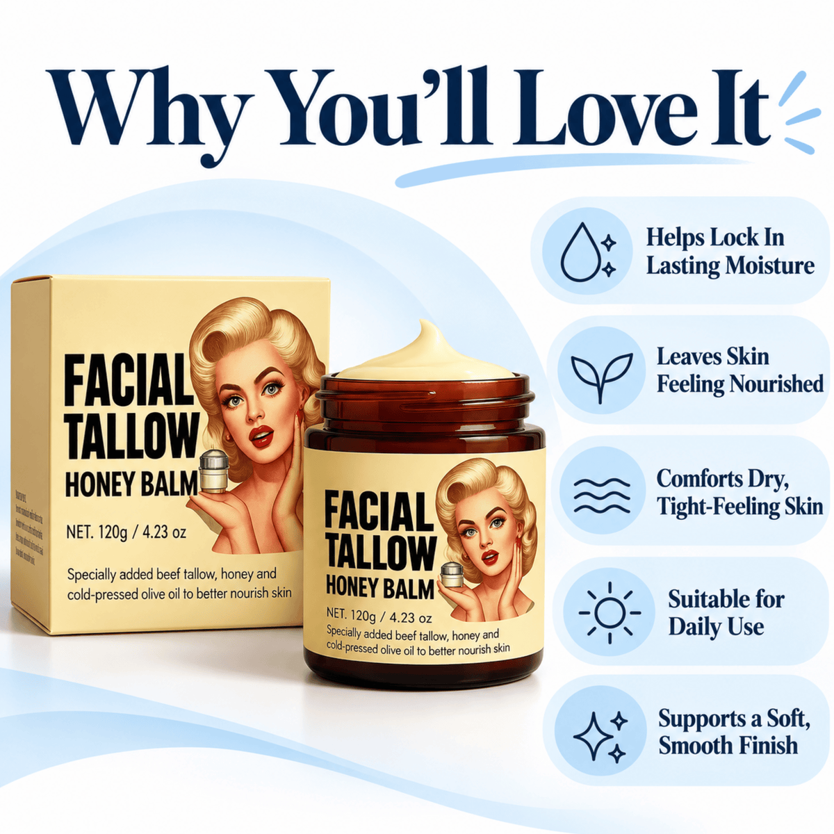 Beef Tallow Face Cream - Deeply Hydrates Dry, Crepey Skin For Softer, Plumber Looking Skin