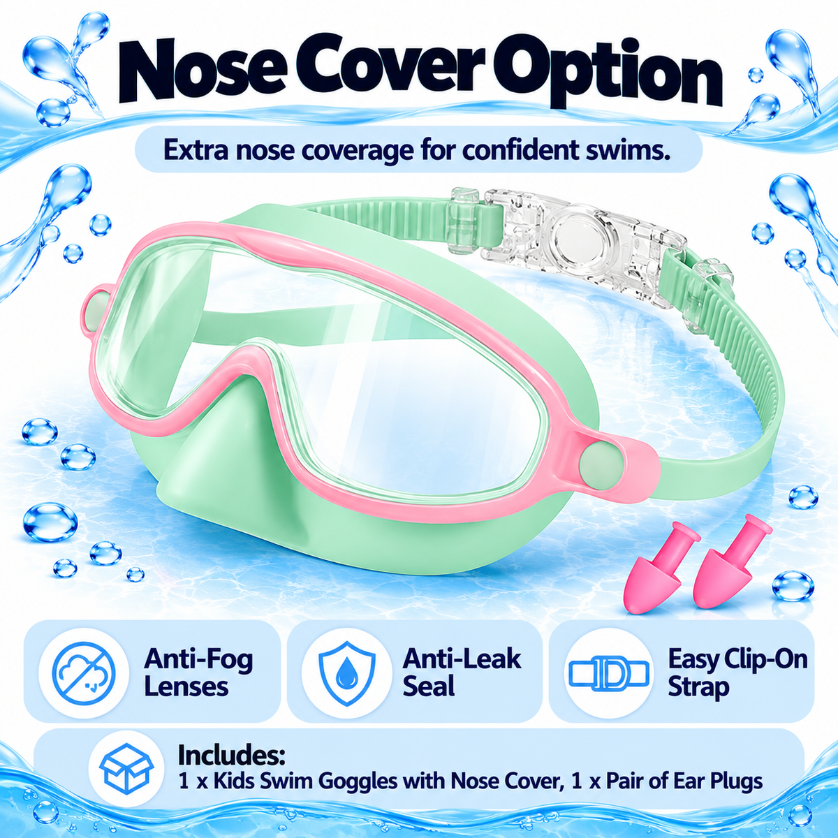 Kids Anti-Fog Swim Goggles: Clear Vision, Leak-Resistant Seal, Easy Clip-On Strap