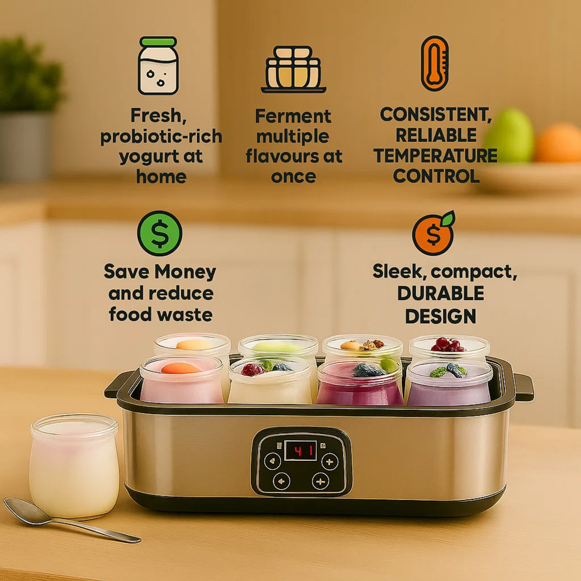 Probiotic Yogurt Maker with 8 Glass Jars - Skip Store-Bought, Make Healthy Yogurt Daily