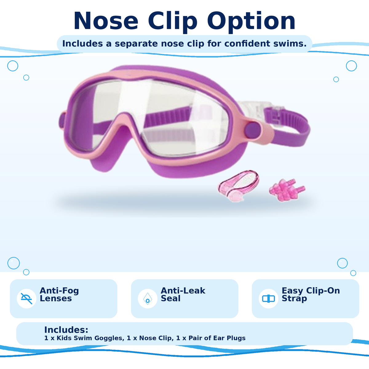 Kids Anti-Fog Swim Goggles: Clear Vision, Leak-Resistant Seal, Easy Clip-On Strap
