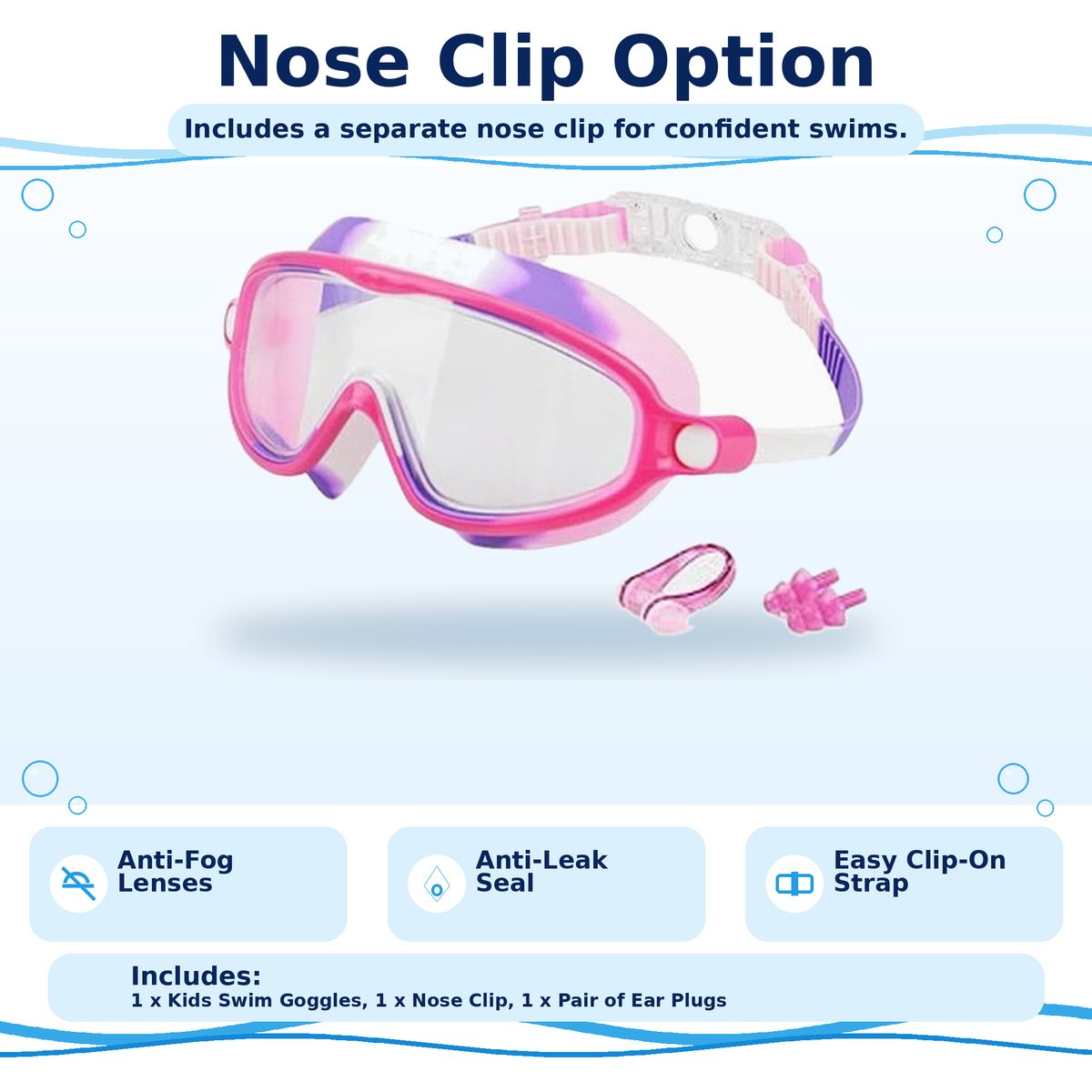 Kids Anti-Fog Swim Goggles: Clear Vision, Leak-Resistant Seal, Easy Clip-On Strap